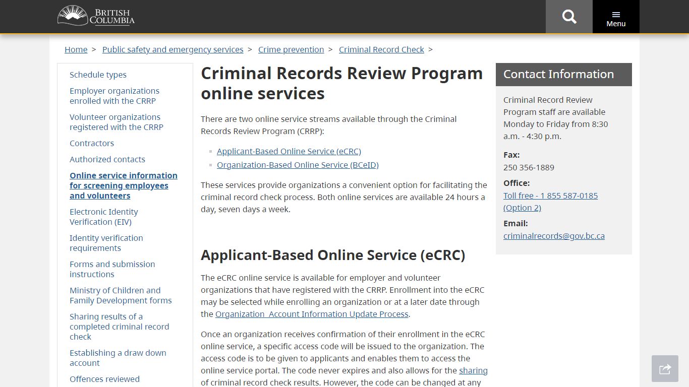 Criminal Records Review Program online services - Gov